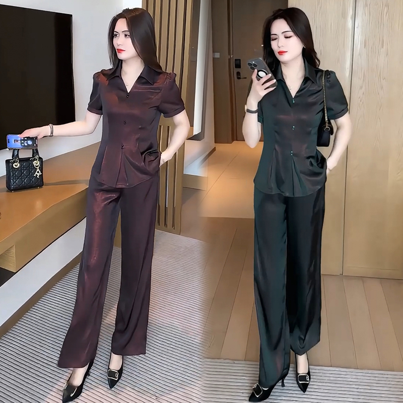 Fashionable Suit for Women, New Summer Style, Stylish Satin Short-Sleeved Top, High-Waisted Wide-Leg Pants, Elegant Two-Piece Outfit