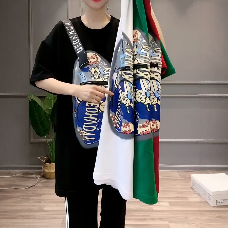 Summer New Fashion Versatile Trendy Short-Sleeve T-Shirt for Women, Loose Cartoon Print Crossbody Bag Zipper Pocket Top