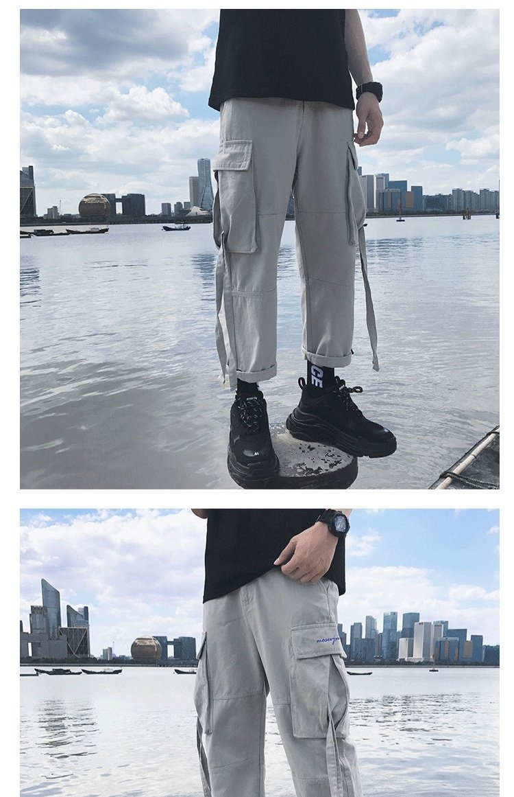 Hồng Kông Aberdeen văn học người đàn ông phong cách Hồng Kông bf lỏng thẳng quần giản dị hip hop chín quần in quần yếm nam quần túi hộp nam