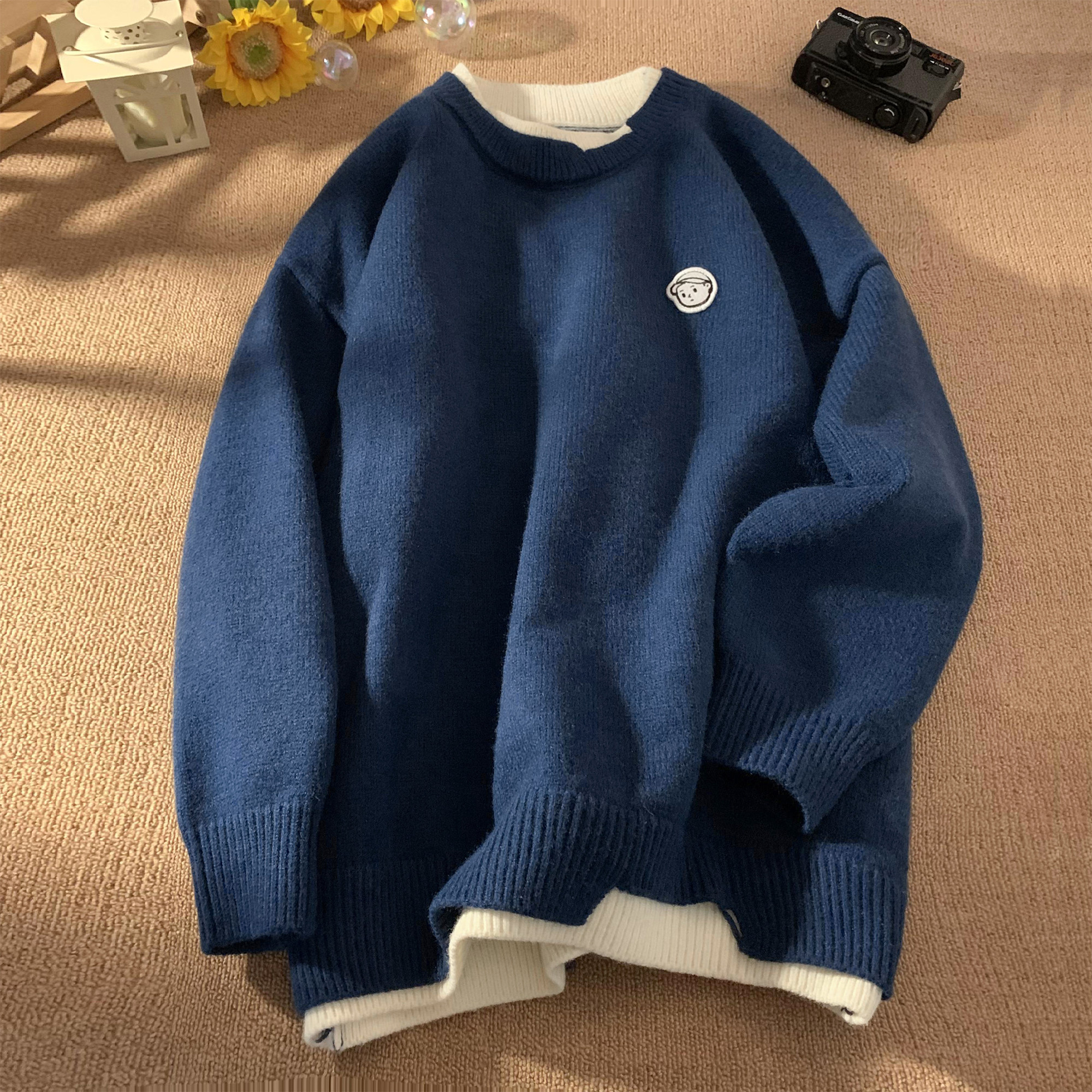 @ Hong Kong Tsai Arts Men's Day Department fake two sweater men's autumn and winter round neckline sweatshirt winter men's inner hairy line clothes-Taobao