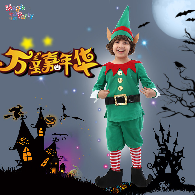 Christmas children perform costumes Cosplay shows clothes boy green little pixie Peter Pan