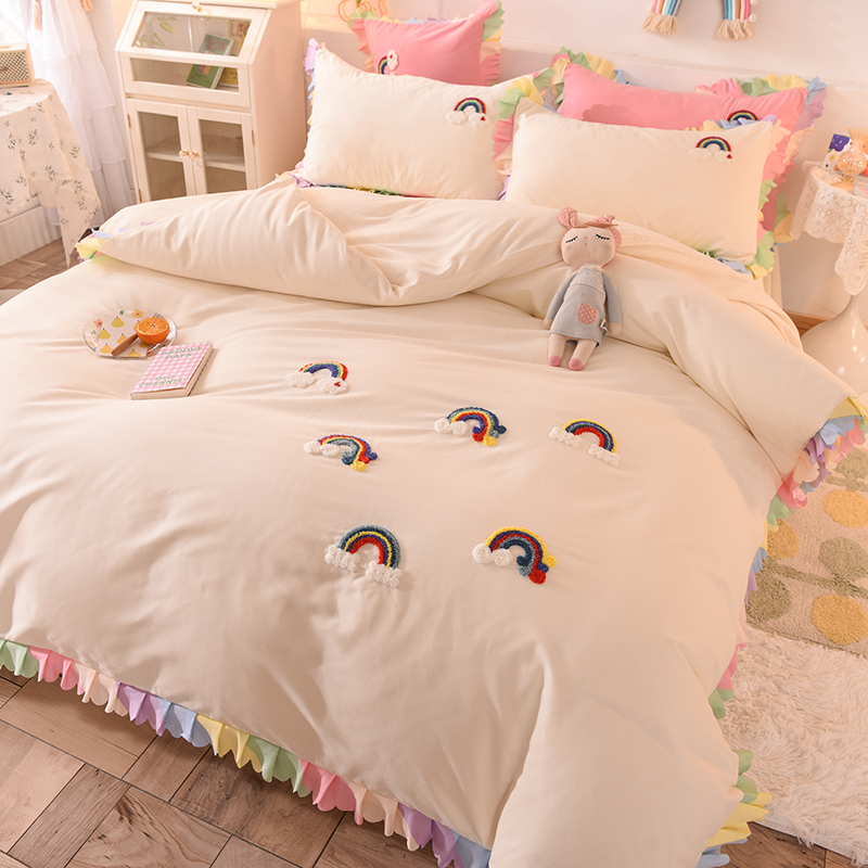 Korean style four piece patchwork set pure cotton girl's heart simple light luxury dress style hooded princess style nude sleeping quilt cover