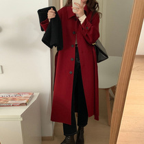 Autumn and winter 2021 red woolen coat womens new woolen coat medium long small Hepburn style temperament