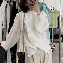 2021 spring and autumn new shirt womens design niche shirt French summer thin chiffon small solid color