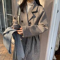 2021 autumn and winter New thousand bird grid woolen coat womens woolen coat medium long small man Hepburn style temperament