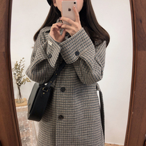 2020 new temperament houndstooth wool coat womens coat medium long small autumn and winter Hepburn style
