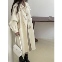 Hepburn wind horn buckle woolen coat womens woolen coat 2021 autumn and winter New medium long little thickened