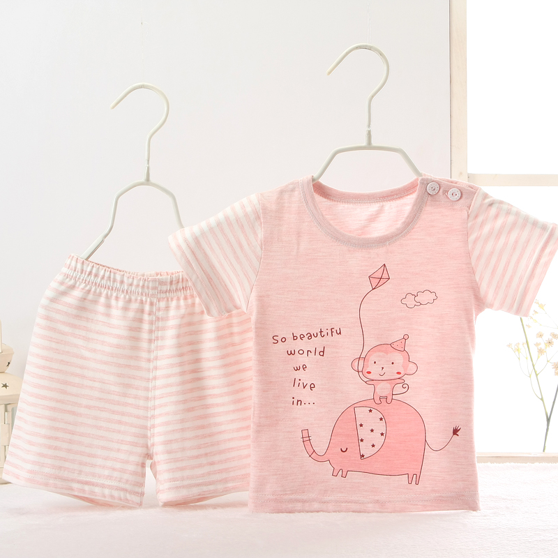 Trẻ em mùa hè siêu mỏng thoáng khí cotton màu ngắn tay phù hợp với bé cotton T-Shirt quần short có thể được mở ra chàng trai và cô gái đồ ngủ