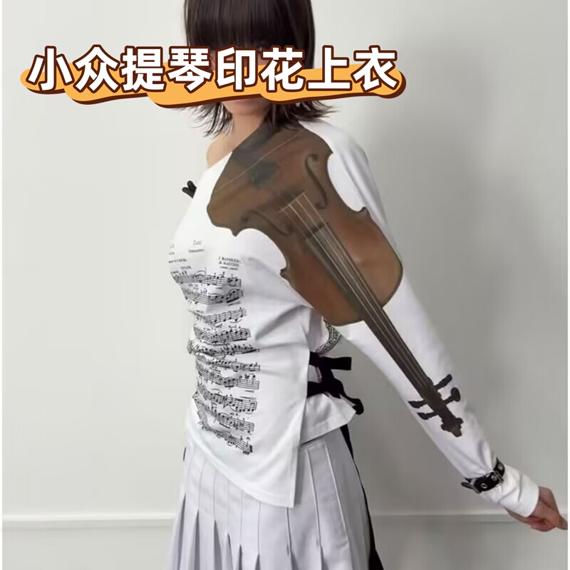 Unique Niche Violin Print Top with Bias-Cut, Off-Shoulder, Long Ribbon Bow, Artistic Long-Sleeve T-Shirt
