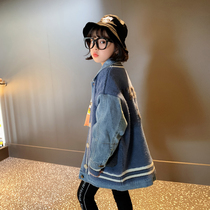  Girls denim stitching jacket 2020 spring and autumn new middle and large childrens western style fashionable female baby loose childrens sweater