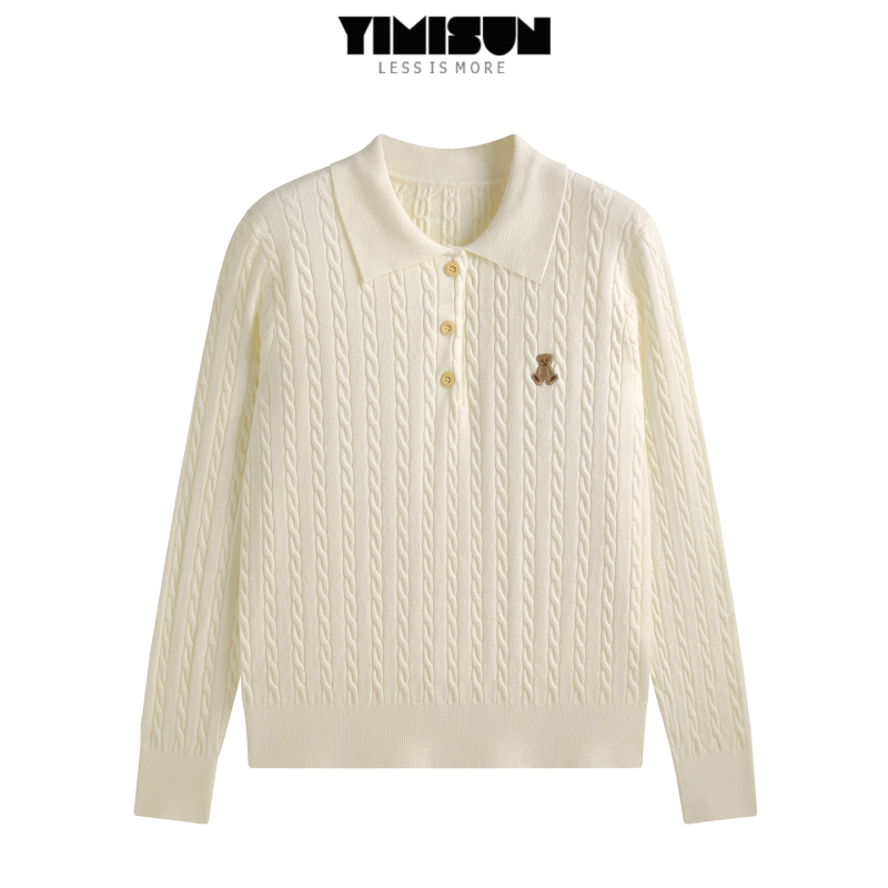 Yimisun Preppy Style Polo Collar Bear Embroidery Cable Knit Sweater Long Sleeve Pullover Versatile Base Shirt