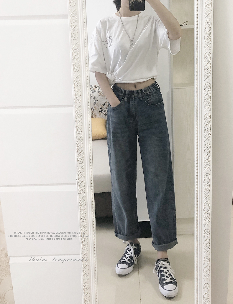 Quần jeans bốn mùa, quần ống rộng, quần ống rộng, quần lửng bf gió lạnh nhẹ retro cao eo màu sáng jean nữ