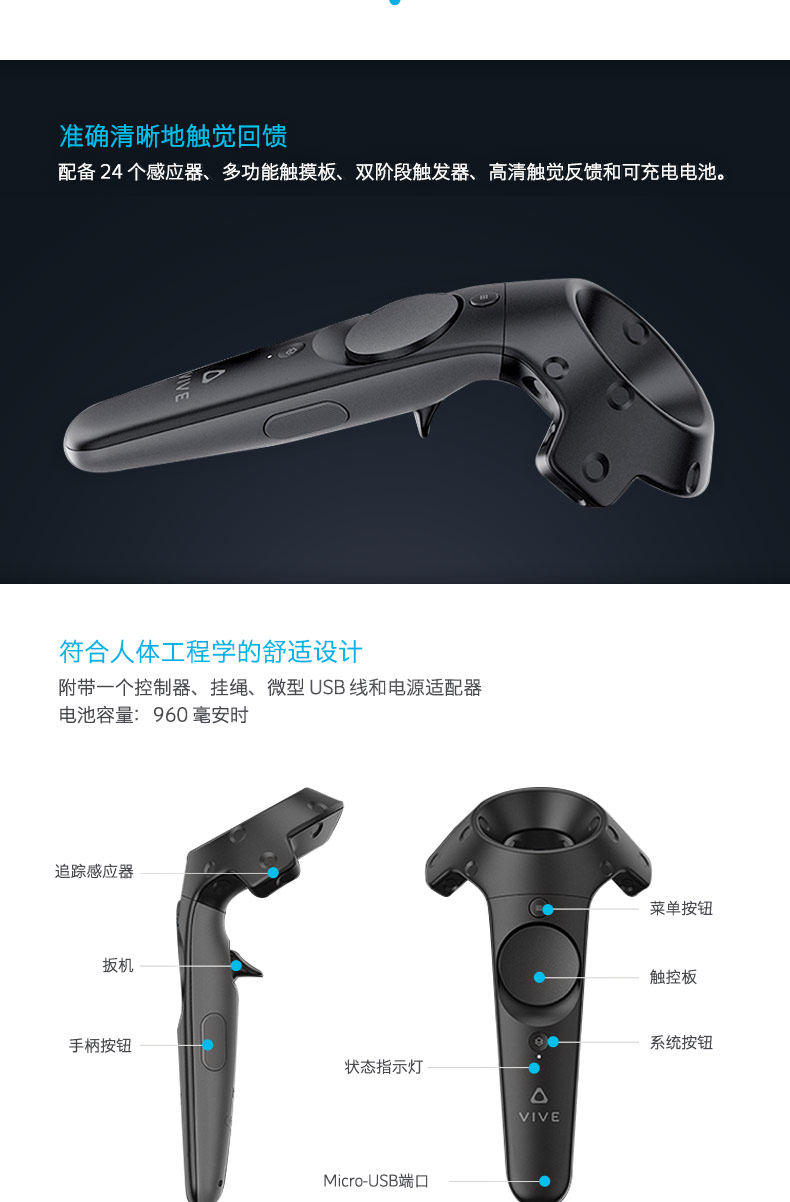 HTC VIVE /PRO dedicated accessories: Controller, base station VR cable, wireless kit, Tracker, Listening headset details Picture