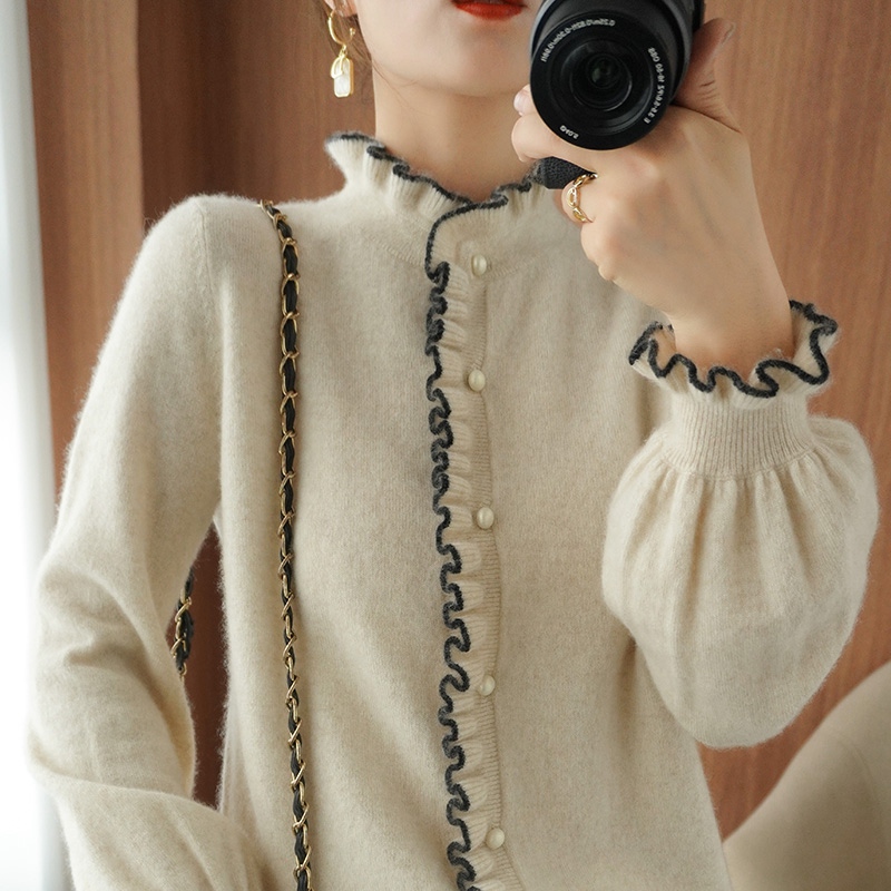 JOIMIFU luxurious texture ~ wool cardigan coat female fungus collar fashion outerwear sweater knitted cashmere sweater