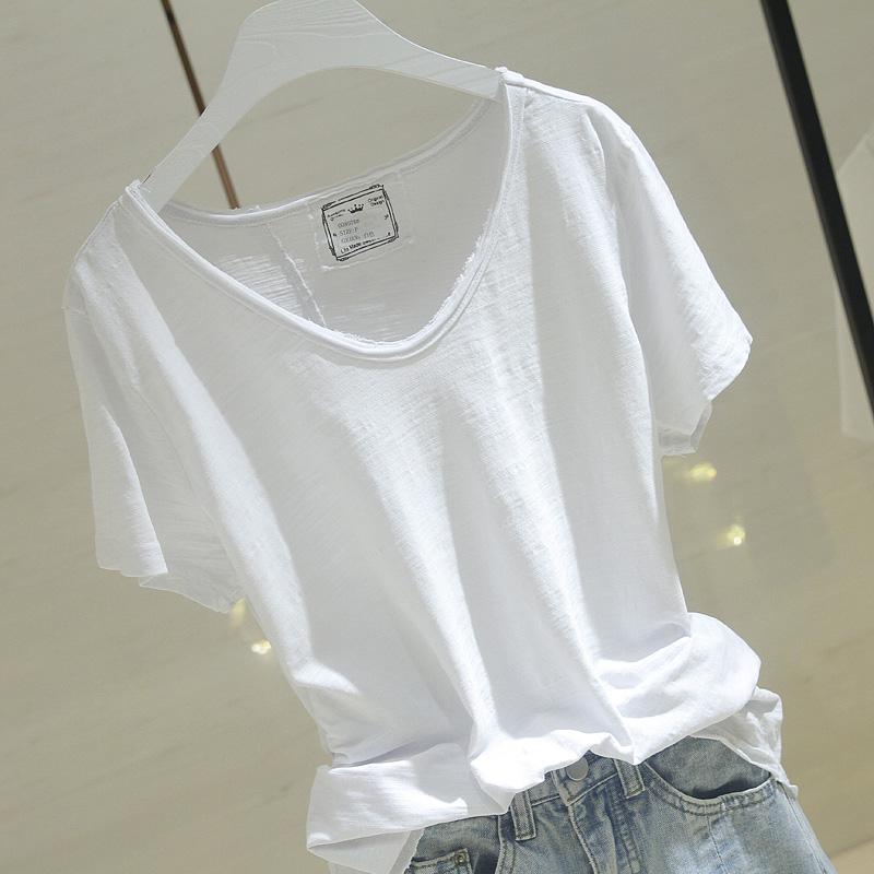 Mùa hè 2018 phiên bản mới của Hàn Quốc áo thun trắng tay ngắn tinh khiết nữ thô viền v-cotton cotton rộng tay áo phông form rộng nữ