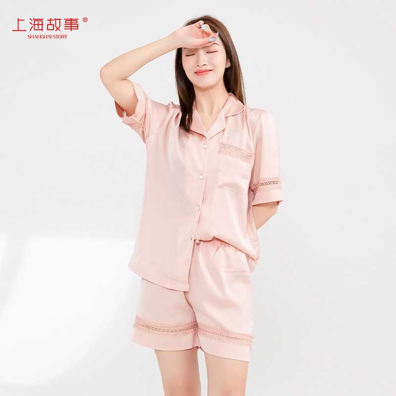 Shanghai story autumn and winter home clothes fashion lace pajamas women's suit short-sleeved shorts multi-color silky and breathable