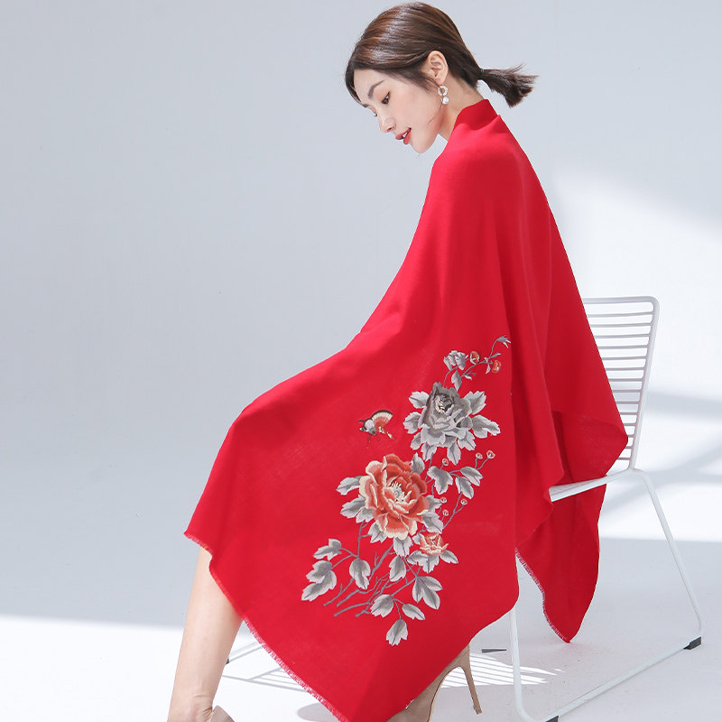 Shanghai Stories Official Flagship Store Red Pure Wool Scarves Women China Red Autumn Winter New Products Oversized Shawl Dual-use