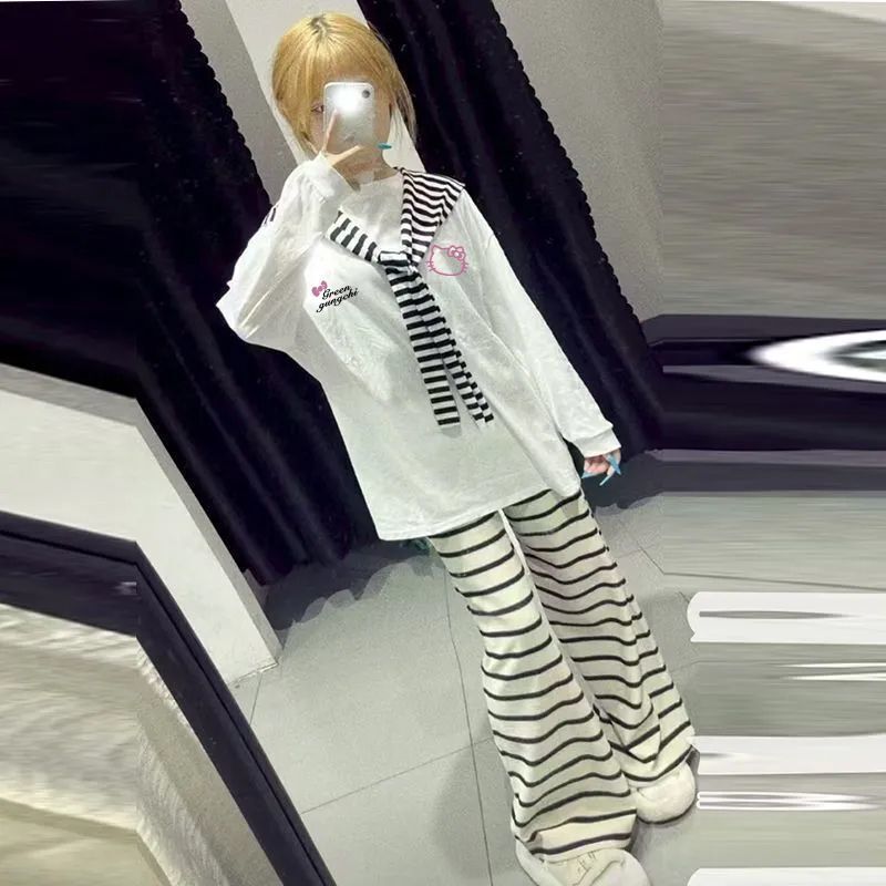 Hello Kitty Letter Print White Long-Sleeve Top with a Shawl and Striped Casual Lazy-Style Pants Set for Women Hello Kitty Letter Print White Long-Sleeve Top with a Shawl and Striped Casual Lazy-Style Pants Set for Women