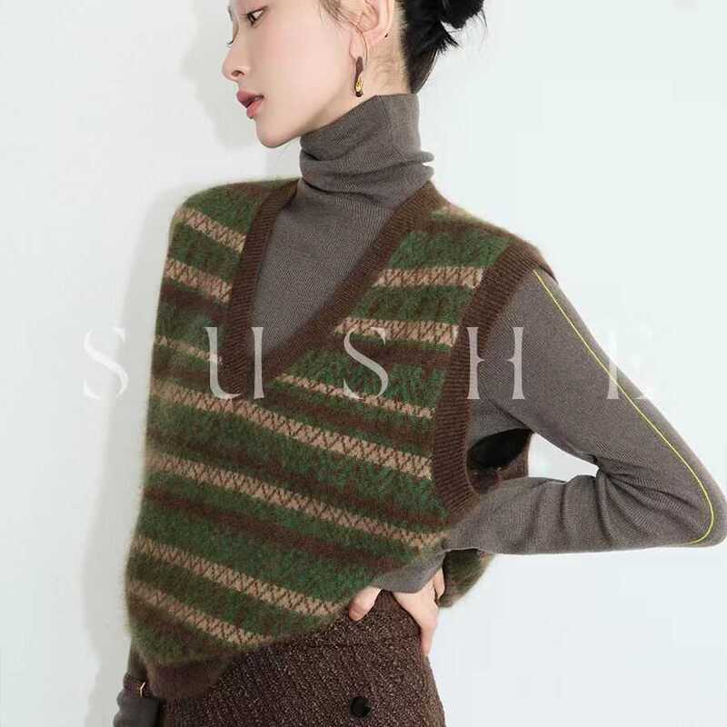 Spring and Autumn New Style Simple Fashion Vest Retro Striped V-Neck Knitwear Women's Autumn and Winter New Loose Versatile Sweater