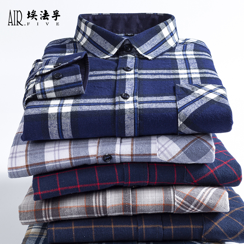 Af Pure Cotton Brushed Spring and Autumn Blue Plaid Men's Long-Sleeved Shirt Flannel Plaid All-Cotton Dad Shirt