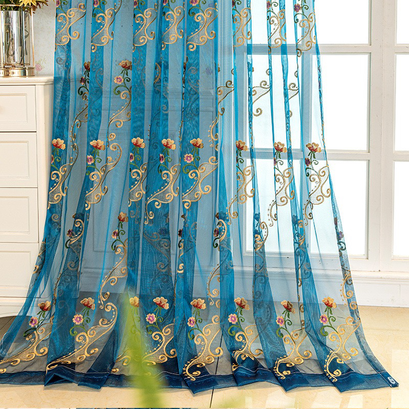 American-Style Embroidered Sheer Curtains for Living Room Balcony, Blackout, Heat-Insulating, Sun-Blocking Curtains, Bedroom Blue Sheer Curtains, Sunshade Curtains, Modern