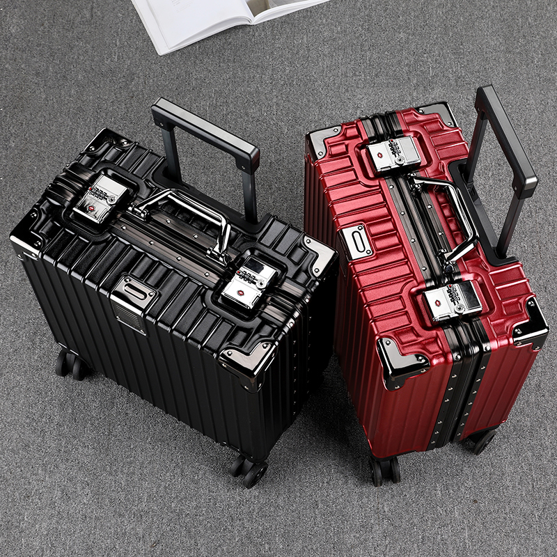 Kangaroo horizontal boarding suitcase female small aluminum frame password trolley case male universal wheel travel leather case 18 inch