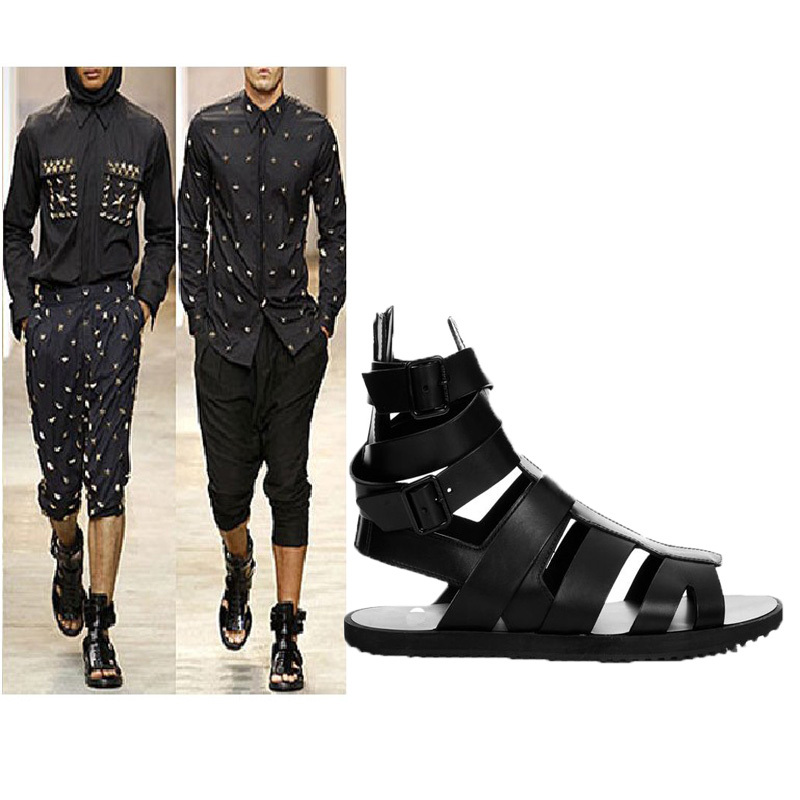 European and American Summer New Arrivals Black Genuine Leather Roman Men's Sandals Open-Toe High-Top Unique Buckle Sandals Breathable Trendy European and American Summer New Arrivals Black Genuine Leather Roman Men's Sandals Open-Toe High-Top Unique Buckle Sandals Breathable Trendy