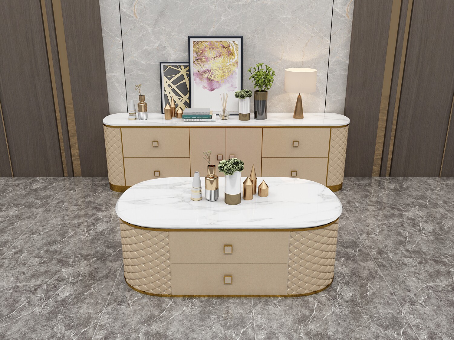 Simple light luxury neoclassical postmodern marble Hong Kong style designer tea table stainless steel furniture creative small apartment