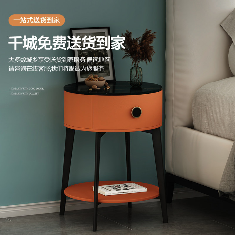 Solid wood bedside table rock slab round pair 2021 new net red ins wind free installation modern light luxury gray leather
