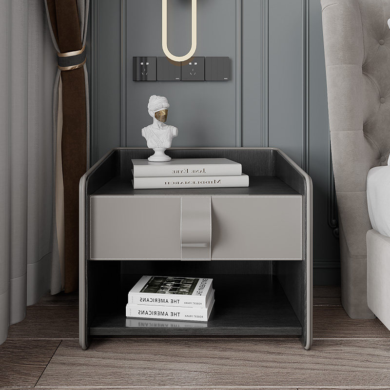 Bedside cabinet Solid Wood minimal modern luxury minimal bedroom network red 2022 new saddle - leather bedside cabinet