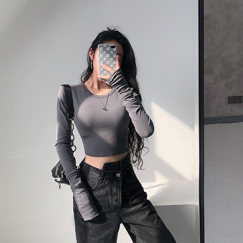 Younggirlday European and American Style Sexy Tight-Fitting Round-Neck Double-Layered Cuffs Ultra-Long Sleeve Short Crop Top T-Shirt Younggirlday European and American Style Sexy Tight-Fitting Round-Neck Double-Layered Cuffs Ultra-Long Sleeve Short Crop Top T-Shirt