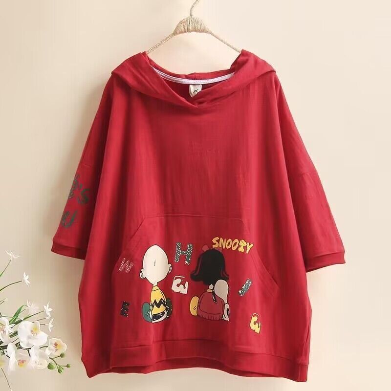 Summer Plus-Size Street Style Hong Kong Style Hooded Top with Pockets, Cartoon Print, Loose Short-Sleeved Women's T-Shirt, Trendy Summer Plus-Size Street Style Hong Kong Style Hooded Top with Pockets, Cartoon Print, Loose Short-Sleeved Women's T-Shirt, Trendy
