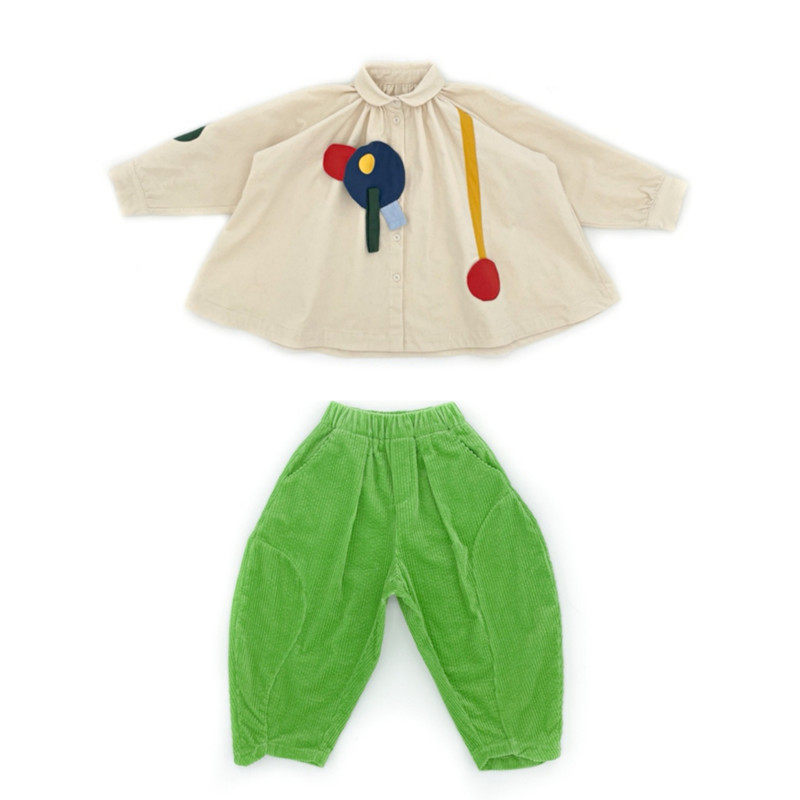 XIMFkids Girl Winter New Fun Corvey Shirts Long Sleeve Doll Shirts Green Casual Pants