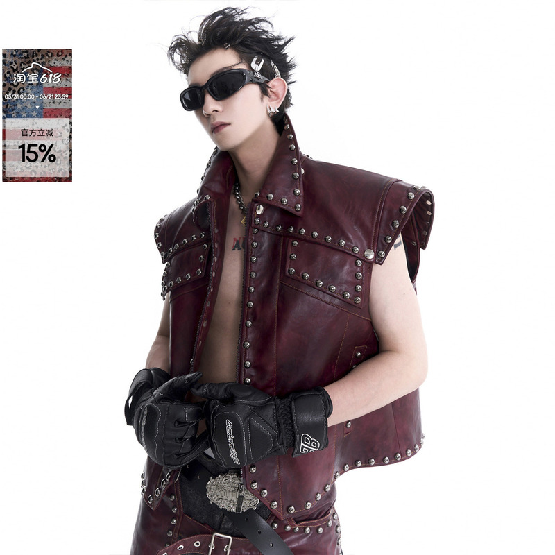 Startexceedend Niche Design Heavy-Duty Studded Leather Vest Jacket for Men, Cool Biker Punk Style
