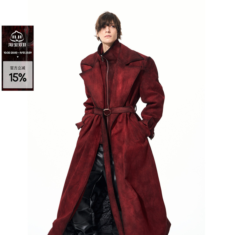 Red Faux Two-Piece Suede Coat for Men, Winter Men's Padded Thick Long Woolen Trench Coat Red Faux Two-Piece Suede Coat for Men, Winter Men's Padded Thick Long Woolen Trench Coat