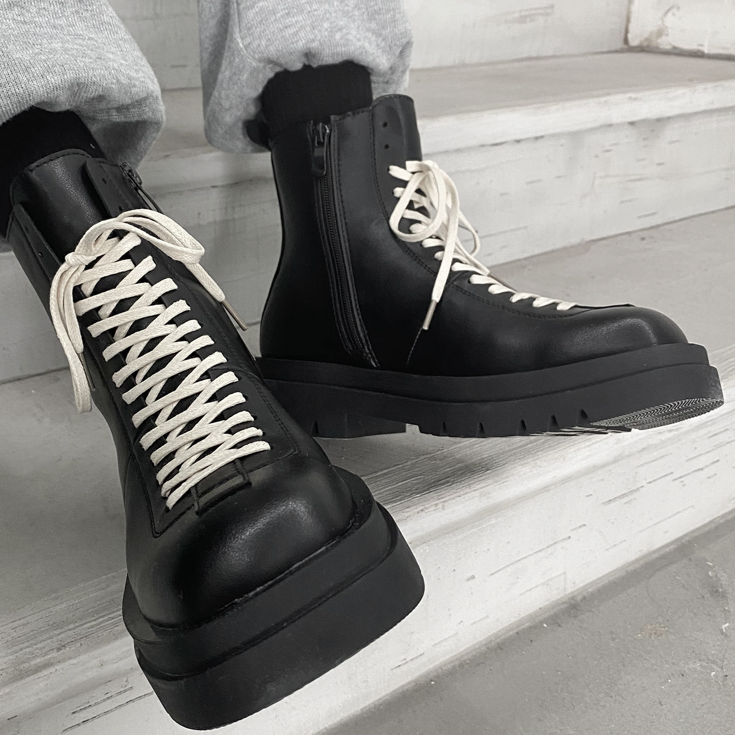 Tall British style Martin boots men's spring and autumn men's side zipper square toe boots thick bottom heightened black fried street boots