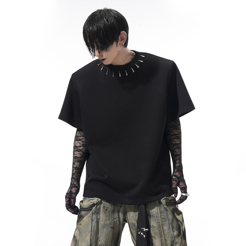 Startexceedend Air Layer Heavyweight Black Short-Sleeve Men's Summer New Simple Versatile Padded Shoulder T-Shirt Trendy Startexceedend Air Layer Heavyweight Black Short-Sleeve Men's Summer New Simple Versatile Padded Shoulder T-Shirt Trendy