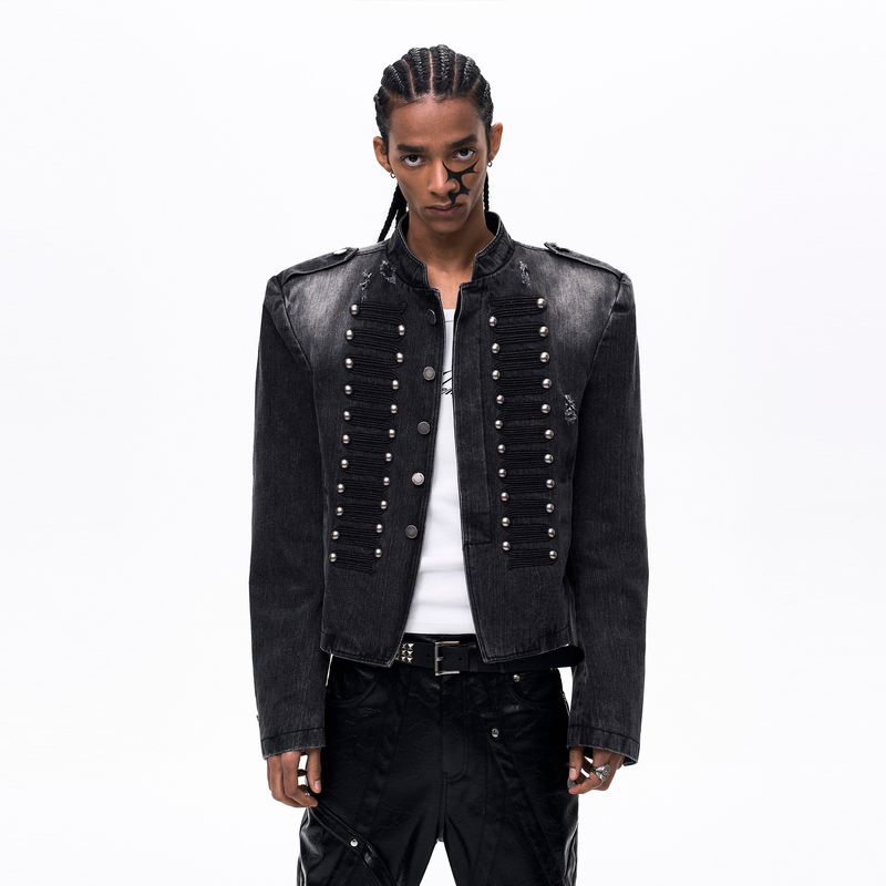 1815·Gray Gold Napoleon Denim Jacket for Men, Distressed, American Retro Court Style, Men's Stand Collar Jacket, Trendy