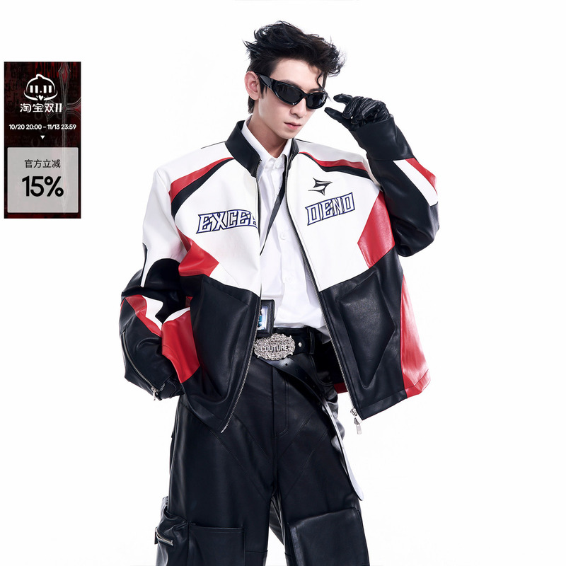 Startexceedend Motorcycle Leather Jacket for Men, Autumn and Winter, Letter Logo Embroidery, Three-Dimensional Silhouette, Cool and Stylish