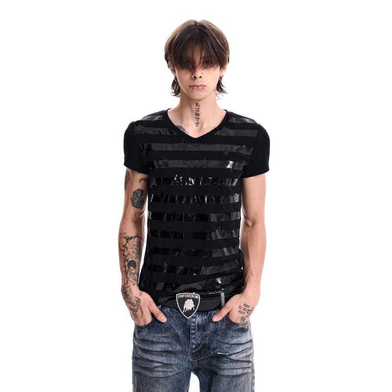 Startexceedend Subculture Striped V-Neck Short-Sleeved Men's Regular Shoulder Summer Boys' Five-Pointed Star Printed T-Shirt