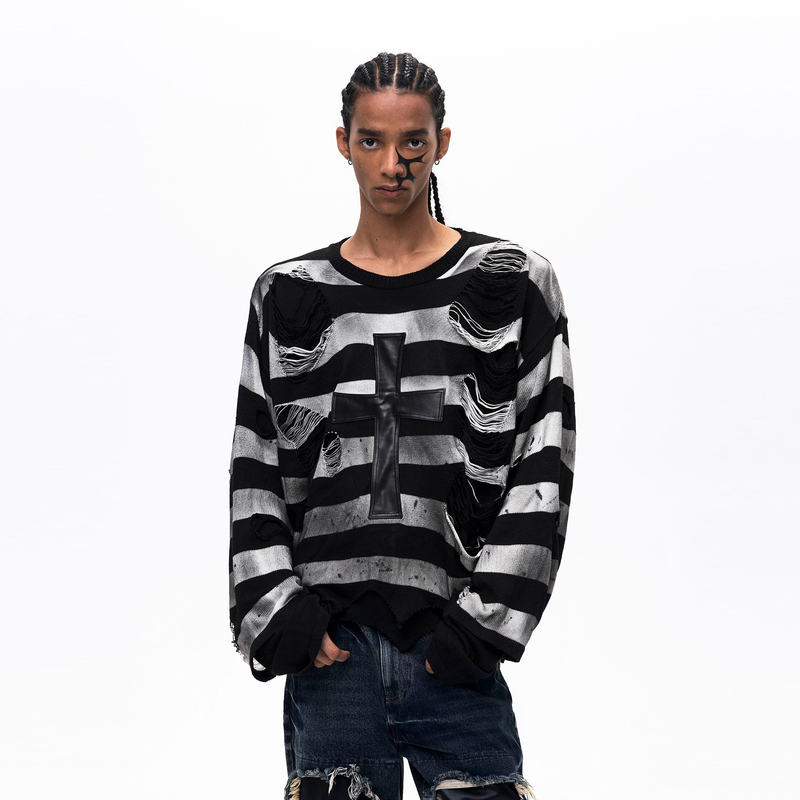 See Cross-Pattern Patchwork Knit Sweater for Men and Women, Subculture Style, Spring Loose Fit, Distressed Thin Sweater