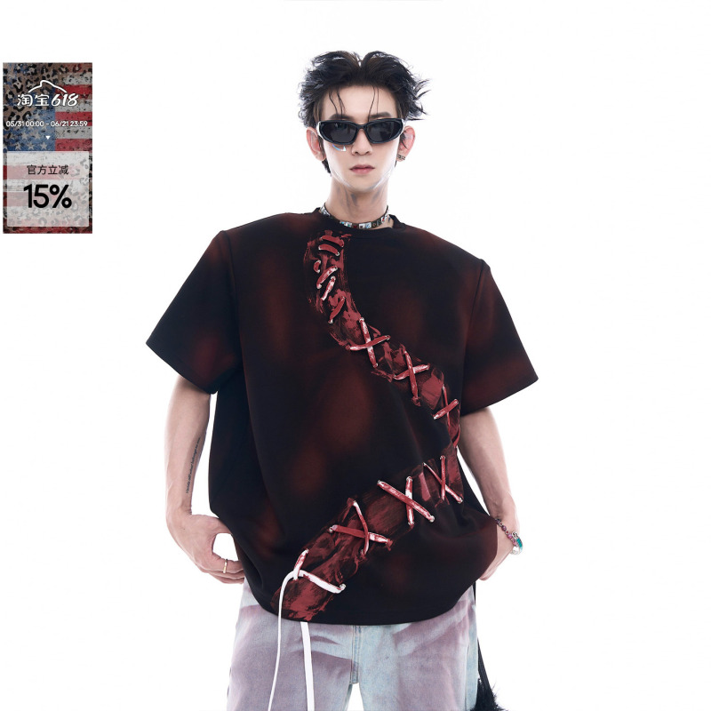 Startexceedend Dark Red Niche Heavy-Duty Spray-Dyed Design Tie-Up Short-Sleeve T-Shirt for Men, Summer Dark Cool Style