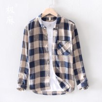 Extreme hemp Japanese fresh plaid cotton shirt men long sleeve casual loose Youth Literary thin linen shirt