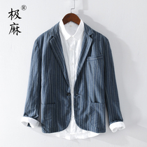 Extremely hemp striped large size cotton linen small suit mens casual business formal youth loose linen blazer tide tide