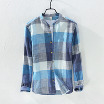 Day Series Retro Collage Plaid Long Sleeve Cotton Linen Shirt Men Stand Casual Youth Loose Slim Fit Linen Linen Shirt