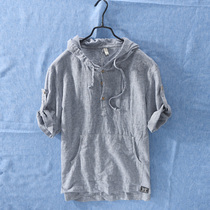 Japanese retro striped hooded short-sleeved cotton and linen T-shirt mens summer casual loose sunscreen linen t-shirt