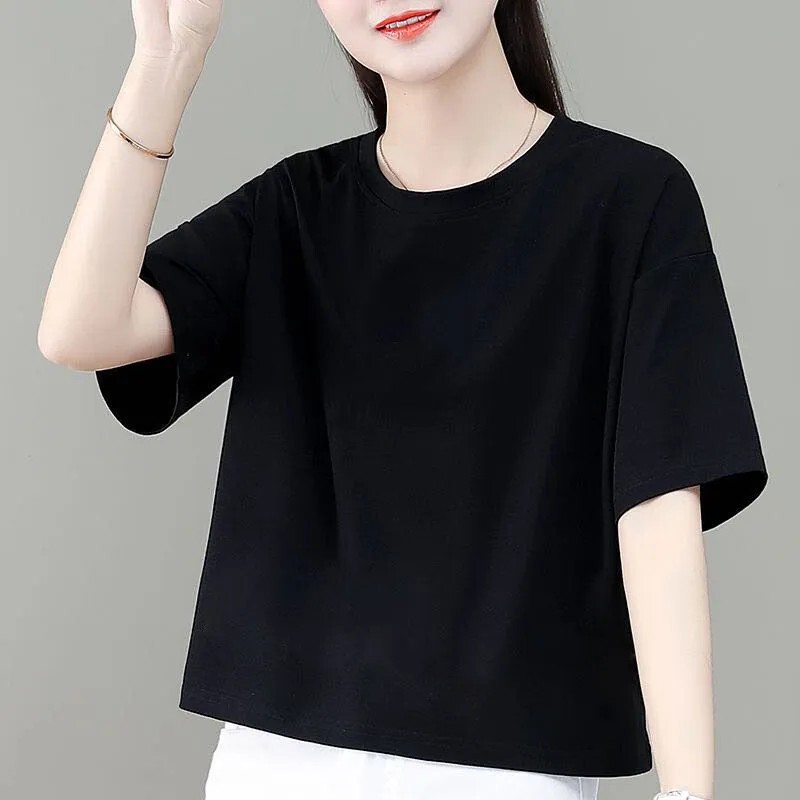2025 Pure Cotton Short-Sleeve T-Shirt for Women, New Summer Korean Style, Petite Top, Solid Color, Short Trendy Base Shirt