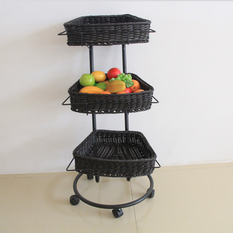 Supermarket Show Shelf Vine-Woven Fruit Shop Multilayer Display Fruit Cart Food Bread Rack Mobile Shelve