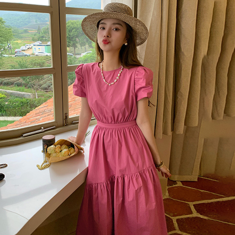 Rose Pink Round Neck Puff Sleeve Dress, New Summer Style, French Retro Style, Waist Slimming, First Love Girl Long Dress