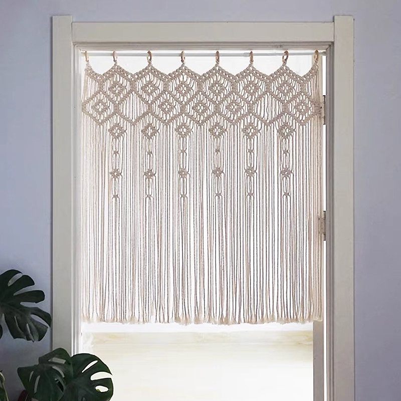 Bohemian Tapestry Door Curtain, Window Curtain, Hanging Rod, No-Drill, Hand-Woven Tassel Half Curtain, Blocking Curtain